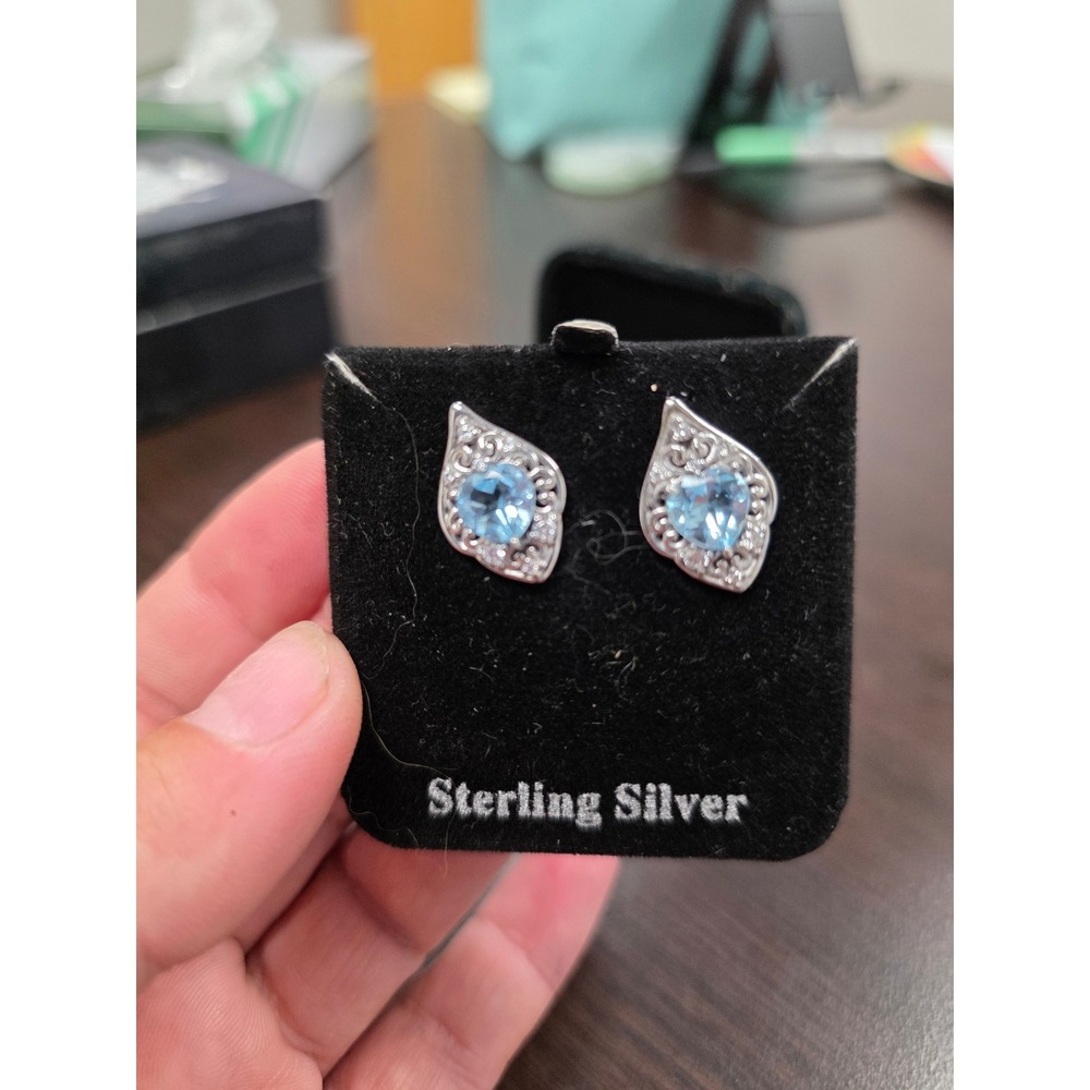 Sterling Silver Blue Topaz Heart Filigree Marquise Stud Earrings Vintage Style - Picture 16 of 16